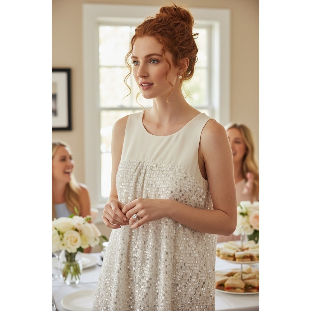 White House Black Market Silk Metallic Silver Dot Shift Dress Bridal Shower‎ 12